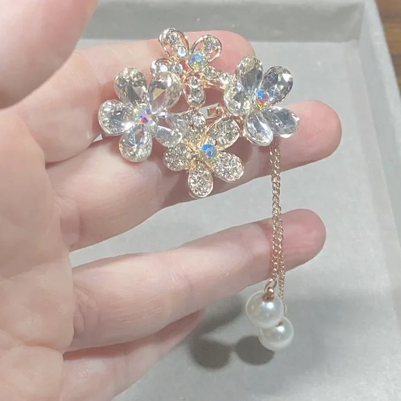 Sparkling Blossom Pearl Brooch With Aurora Borealis Crystals & Dangling Pearls - Picture 3 of 6